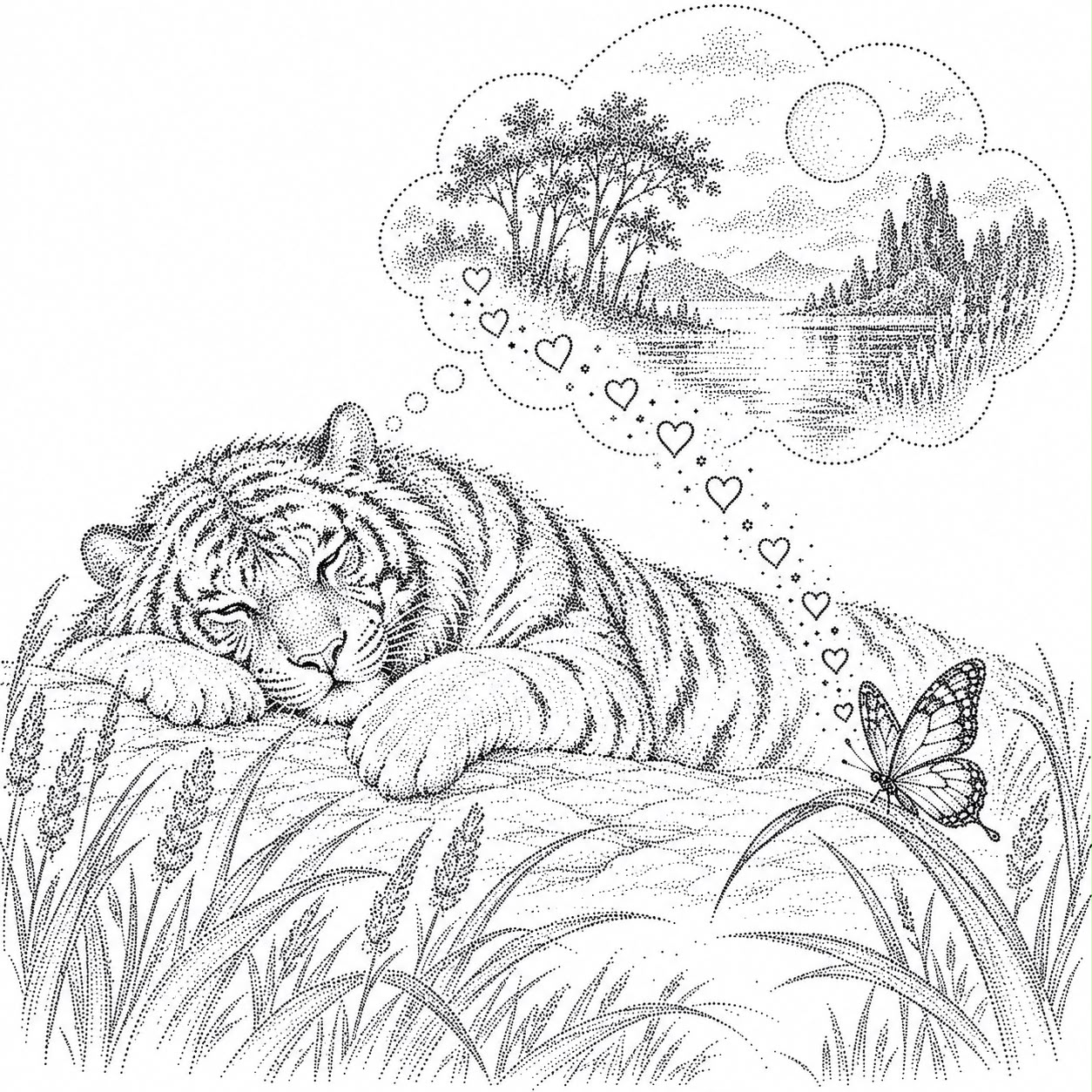 Dotted drawing: a sleeping tiger in a meadow with a butterfly, and in a dream cloud a lake, mountains and moon — memories worth keeping